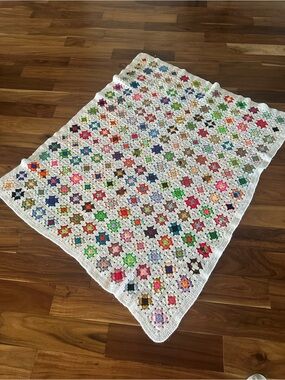 Handmade White Crochet Granny Square Throw with Multicolor Stars